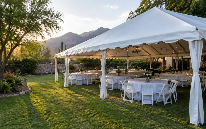 Carpa blanca armada en un jardín con mesas