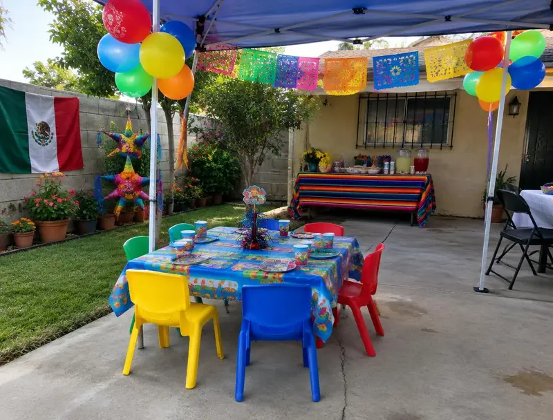 Mesa infantil con sillas de colores bajo una carpa